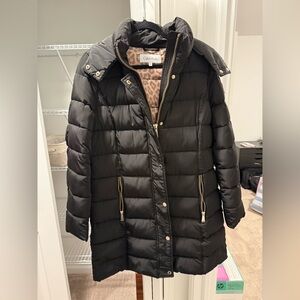Calvin Klein Women's Black Puffer Jacket with Gold Accents